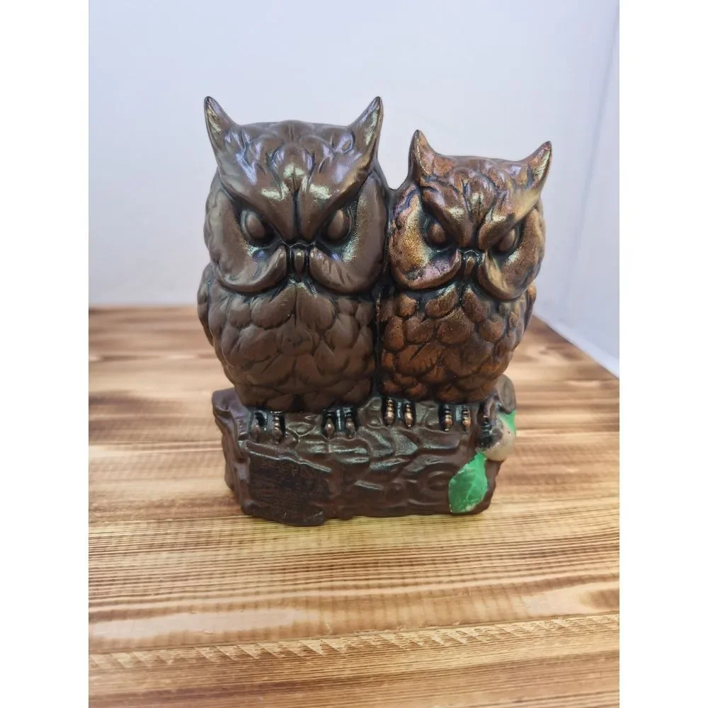 VTG Chalkware Painted Owls on Log Mid Century Japan Woodland Decor Lover Solid